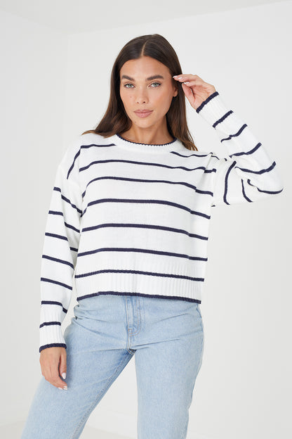 Brave Soul Ivory Fine Stripe Lightweight Knitted Jumper - Ivory Image 2