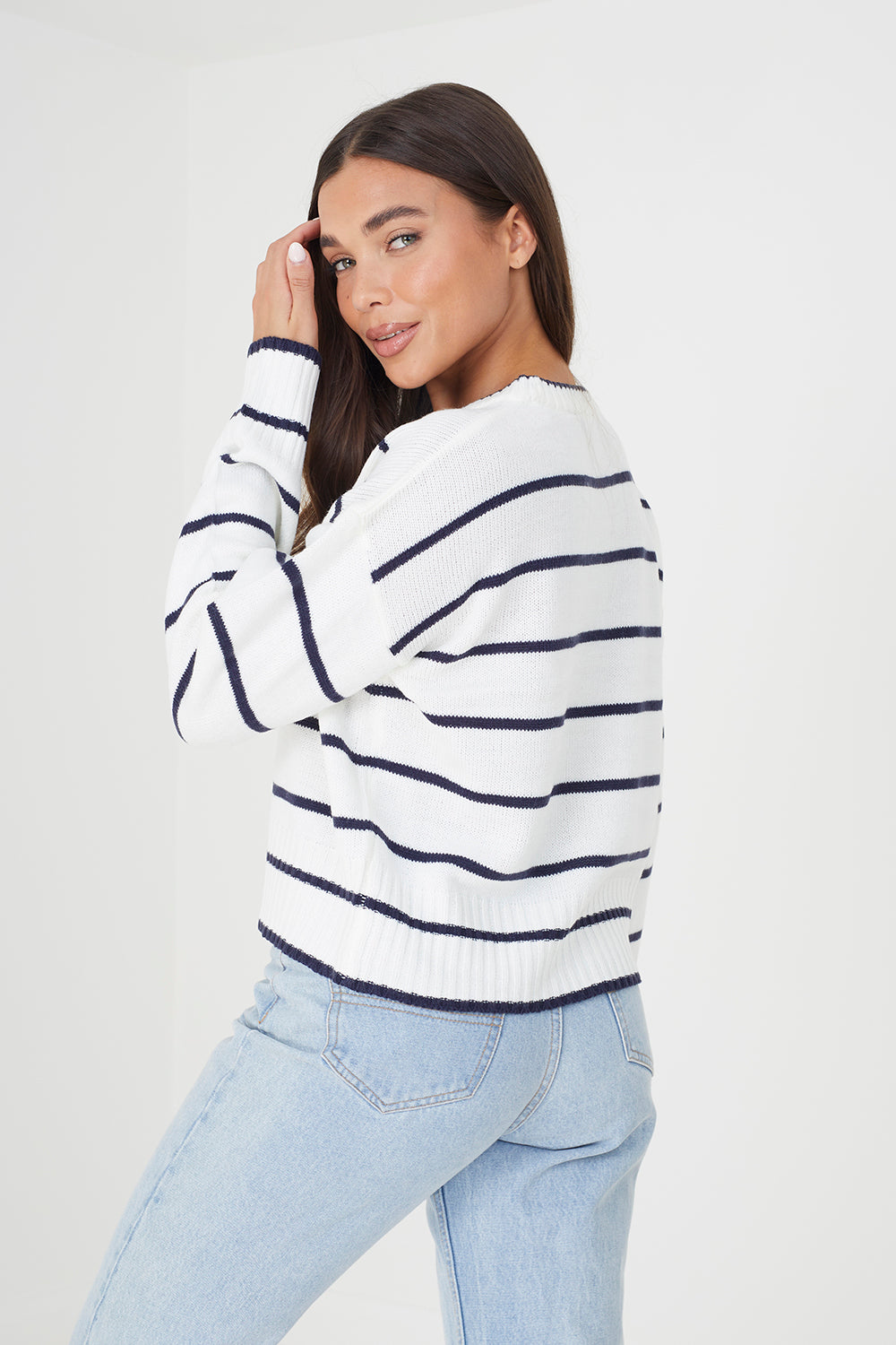 Brave Soul Ivory Fine Stripe Lightweight Knitted Jumper - Ivory Image 3