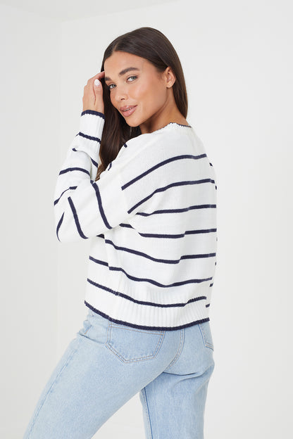 Brave Soul Ivory Fine Stripe Lightweight Knitted Jumper - Ivory Image 3