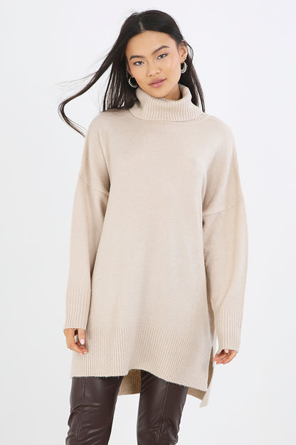 Brave Soul Camel Oversized Roll Neck Jumper - Camel Image 1