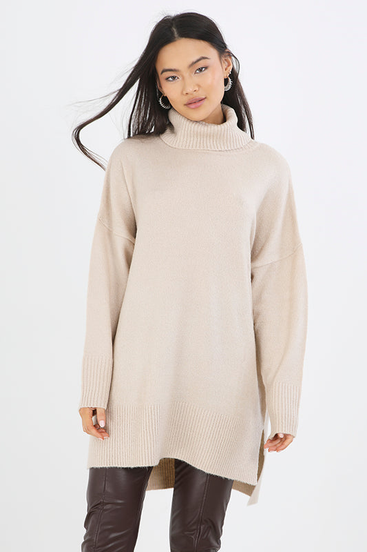 Brave Soul Camel Oversized Roll Neck Jumper - Camel Image 1