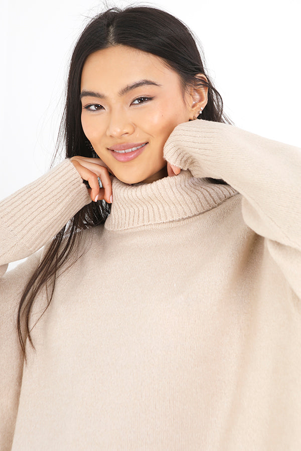 Brave Soul Camel Oversized Roll Neck Jumper - Camel Image 3