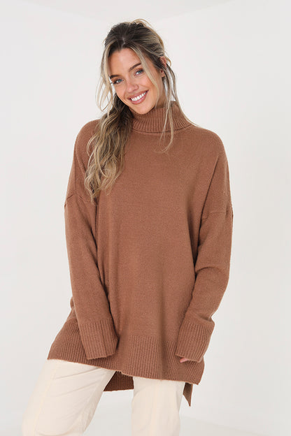 Brave Soul Brown Oversized Roll Neck Jumper - Brown Image 1