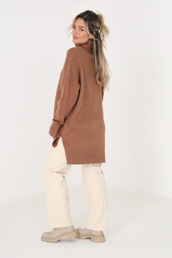 Brave Soul Brown Oversized Roll Neck Jumper - Brown Image 2
