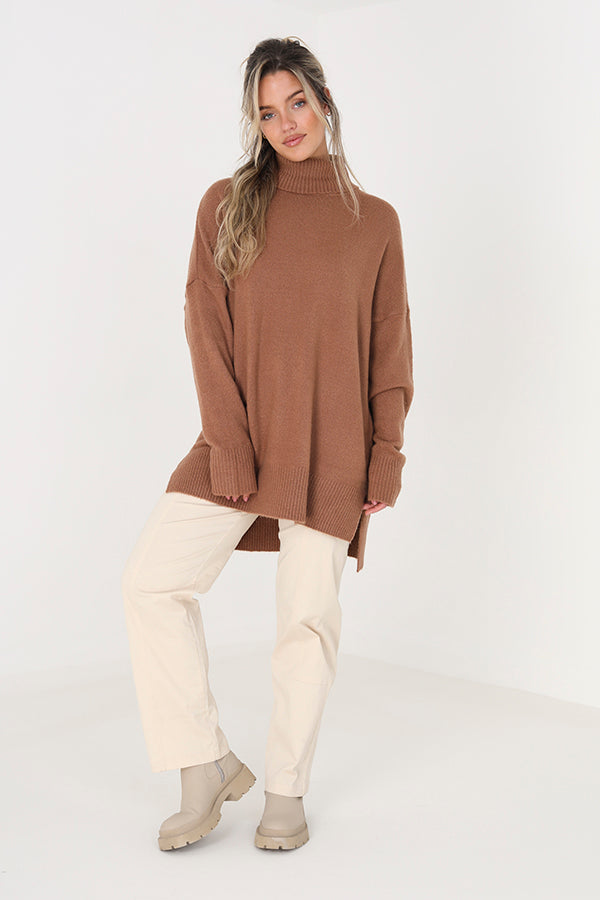 Brave Soul Brown Oversized Roll Neck Jumper - Brown Image 3