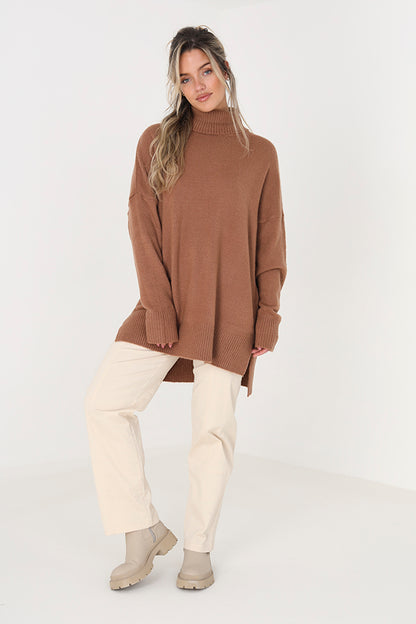 Brave Soul Brown Oversized Roll Neck Jumper - Brown Image 3