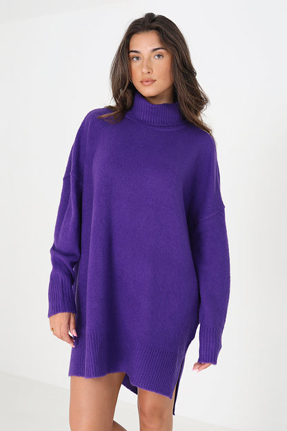 Brave Soul Purple Oversized Roll Neck Jumper - Purple Image 1