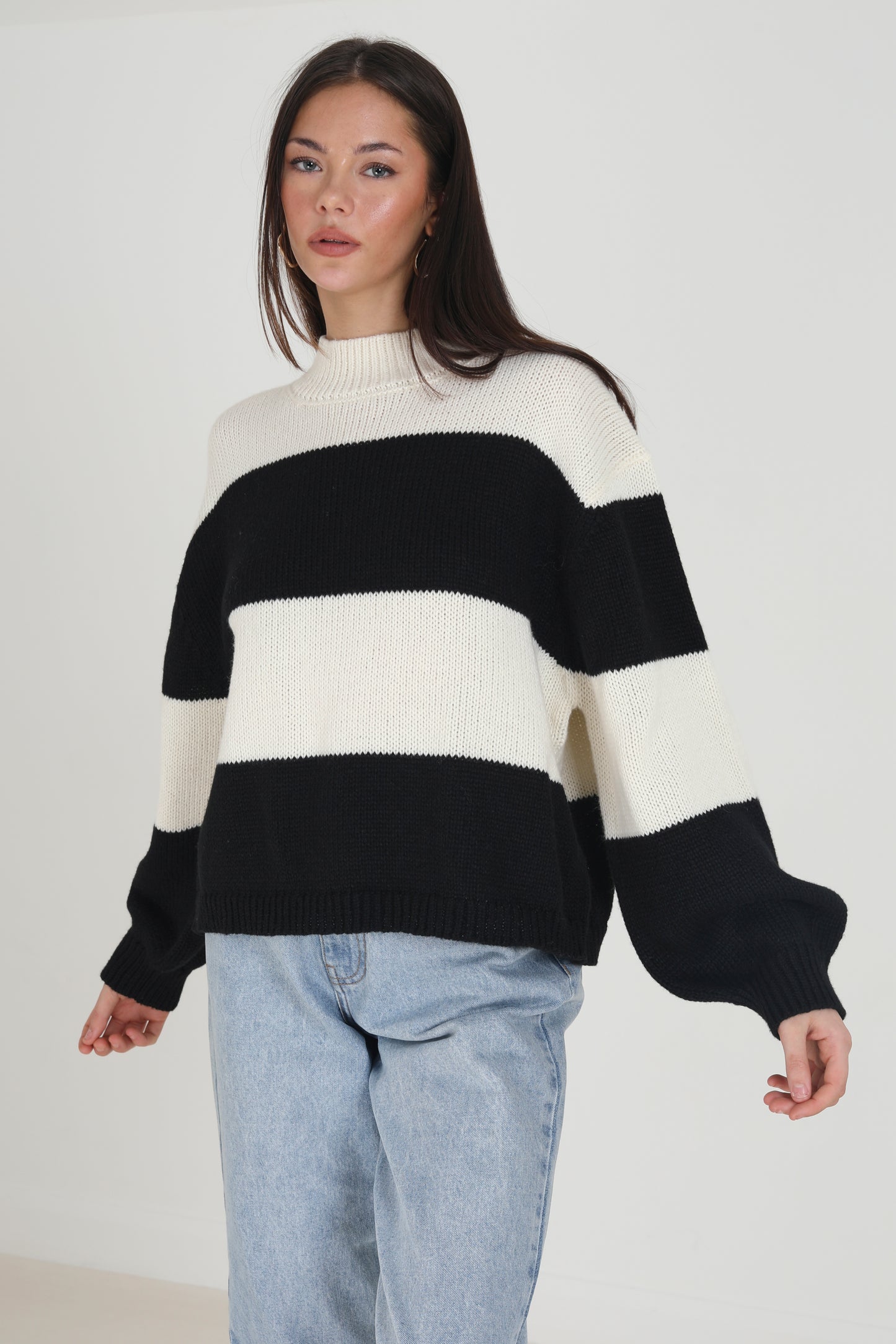Brave Soul Black Crew Neck Striped Jumper With Balloon Sleeves - Black Image 1