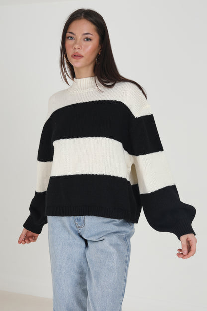 Brave Soul Black Crew Neck Striped Jumper With Balloon Sleeves - Black Image 1