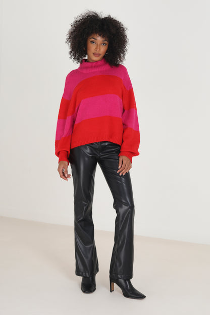 Brave Soul Red Crew Neck Striped Jumper With Balloon Sleeves - Red Image 3