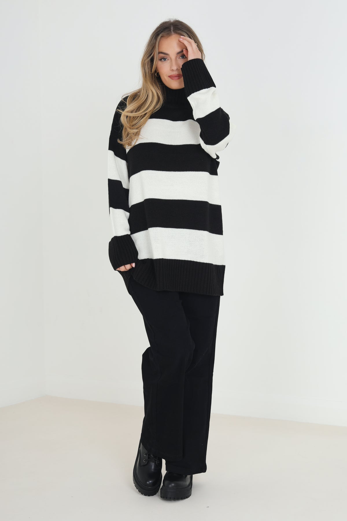 Brave Soul Black Longline Roll Neck Striped Jumper - Black Image 2