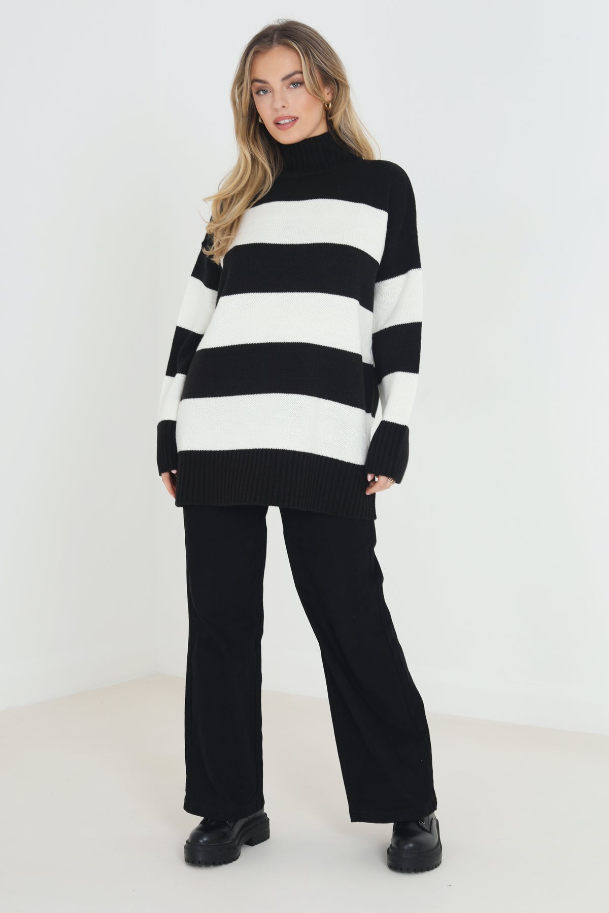 Brave Soul Black Longline Roll Neck Striped Jumper - Black Image 3