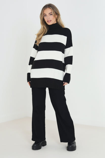 Brave Soul Black Longline Roll Neck Striped Jumper - Black Image 3