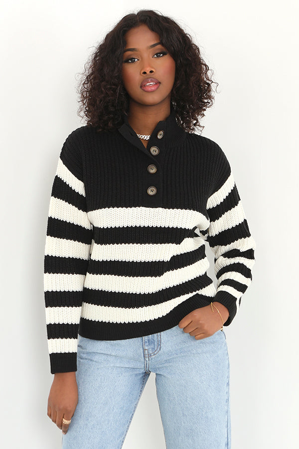 Brave Soul Black Striped Button Detail Knitted Jumper - Black Image 1