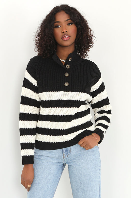 Brave Soul Black Striped Button Detail Knitted Jumper - Black Image 1