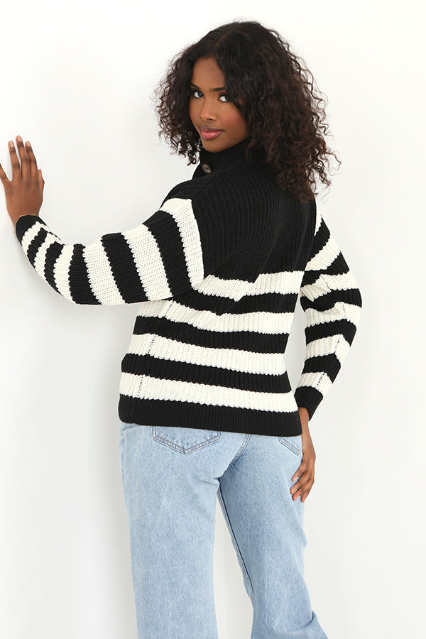 Brave Soul Black Striped Button Detail Knitted Jumper - Black Image 2