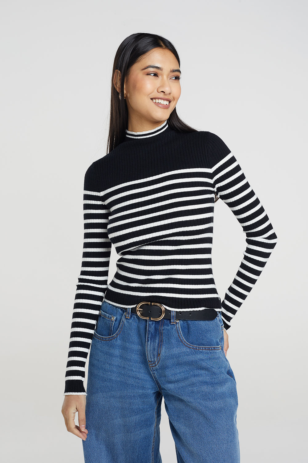 Brave Soul Black Stripe Rib Turtleneck Jumper - Black Image 1