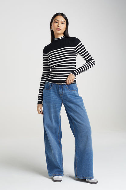 Brave Soul Black Stripe Rib Turtleneck Jumper - Black Image 3