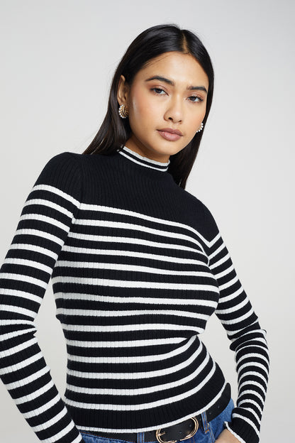 Brave Soul Black Stripe Rib Turtleneck Jumper - Black Image 4