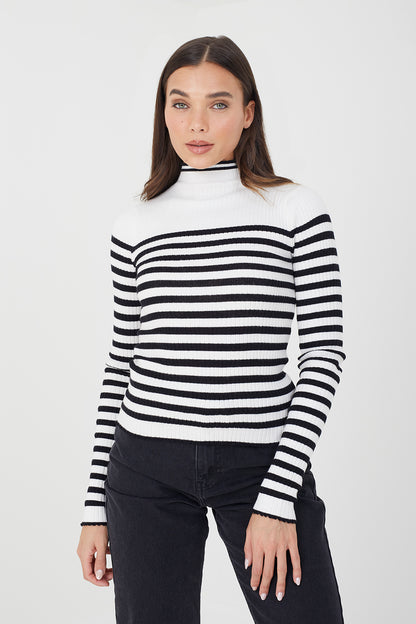 Brave Soul Ivory Stripe Rib Turtleneck Jumper - Ivory Image 1