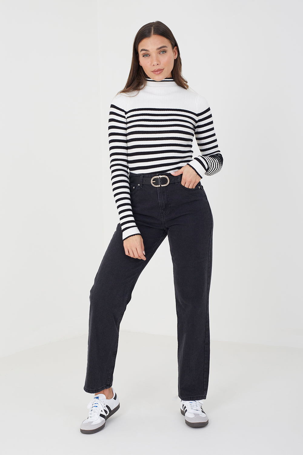 Brave Soul Ivory Stripe Rib Turtleneck Jumper - Ivory Image 3