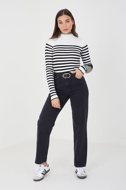 Brave Soul Ivory Stripe Rib Turtleneck Jumper - Ivory Image 3