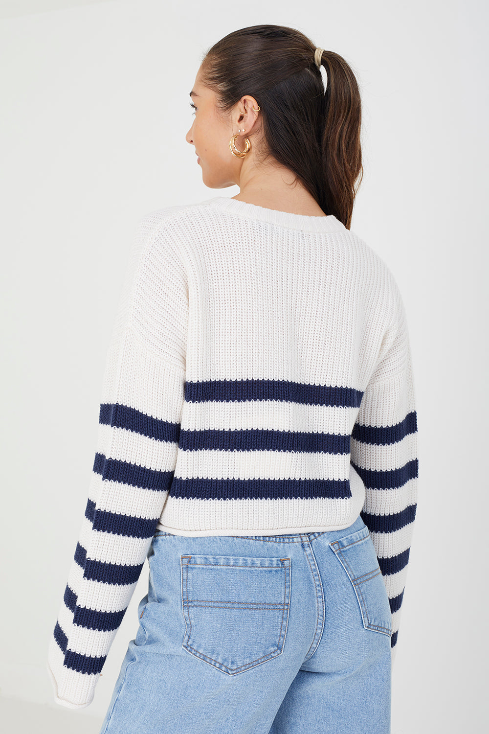 Brave Soul White Striped Cropped Knitted Jumper - White Image 2