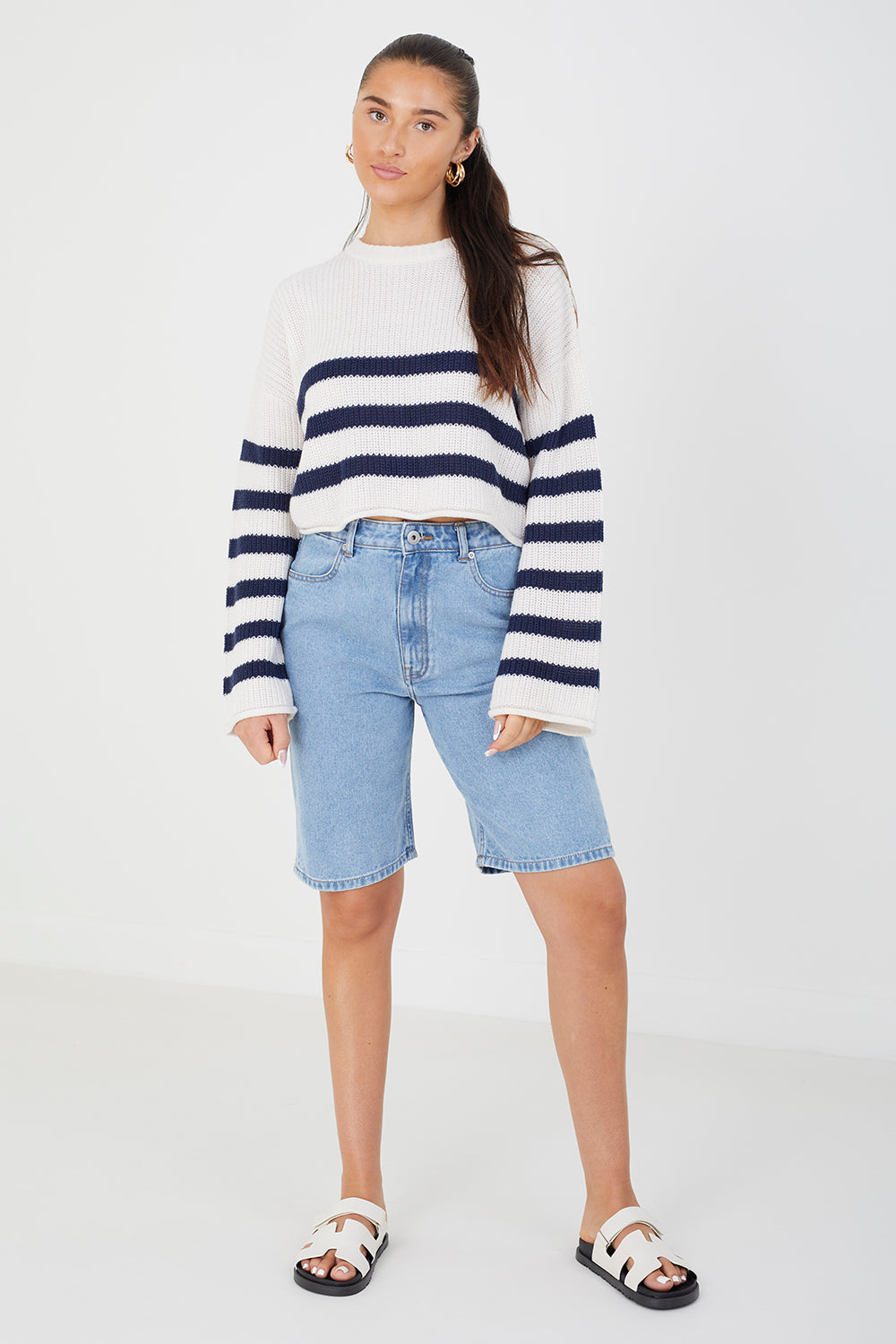 Brave Soul White Striped Cropped Knitted Jumper - White Image 3