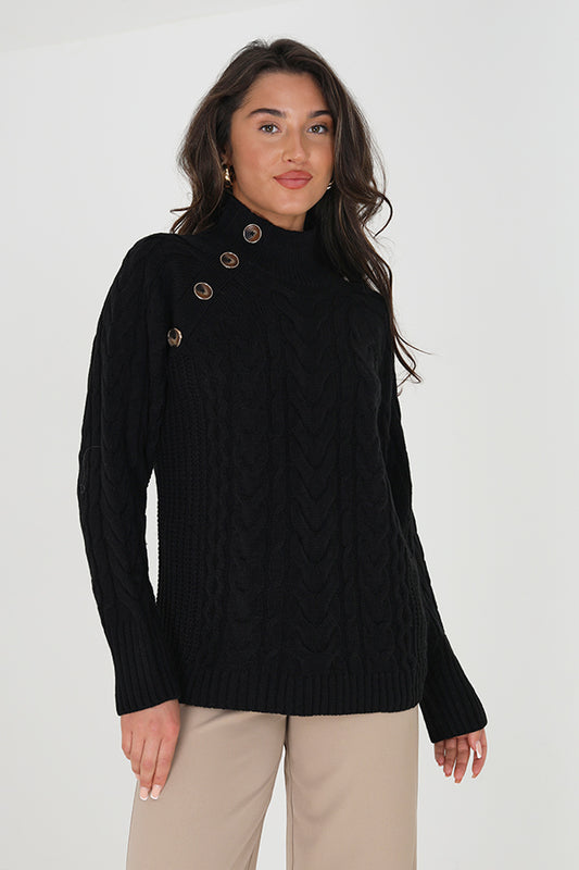 Brave Soul Black Turtle Neck Cable Knit Jumper With Button Detail - Black Image 1