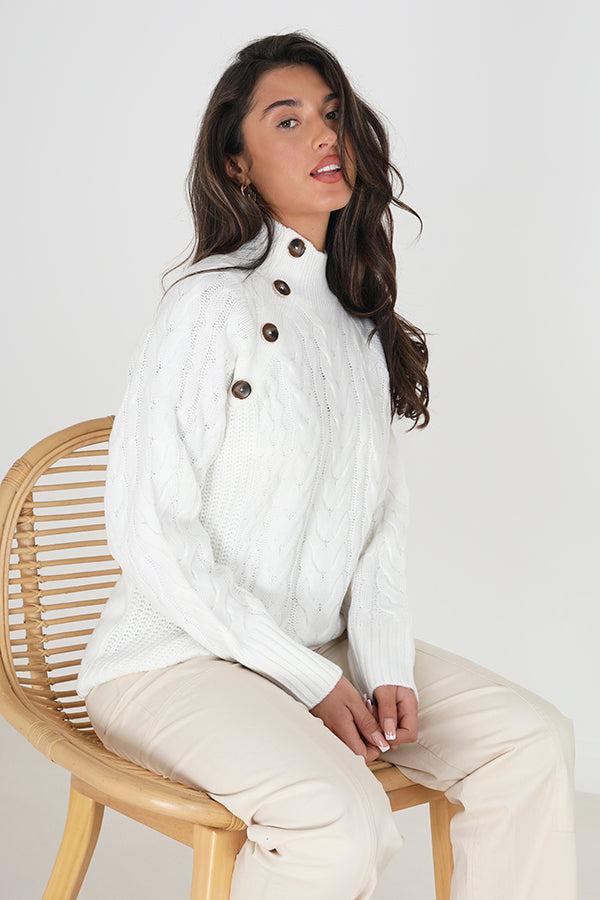 Brave Soul Ecru Turtle Neck Cable Knit Jumper With Button Detail - Ecru Image 1