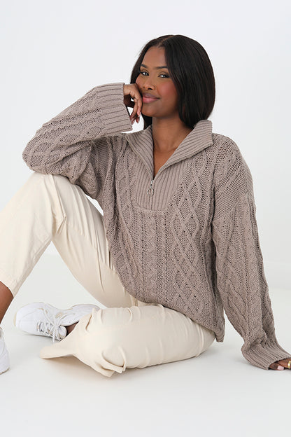 Brave Soul Taupe Cable Knit Jumper With Zip Neck - Taupe Image 1