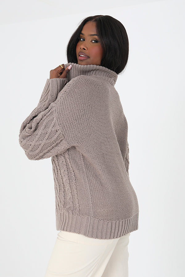 Brave Soul Taupe Cable Knit Jumper With Zip Neck - Taupe Image 2