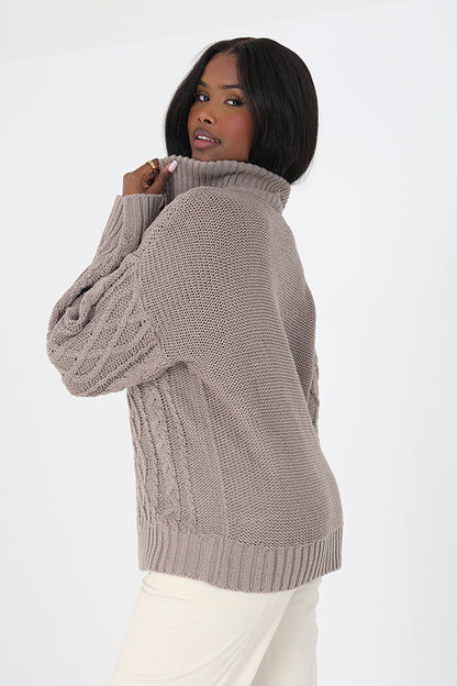 Brave Soul Taupe Cable Knit Jumper With Zip Neck - Taupe Image 2