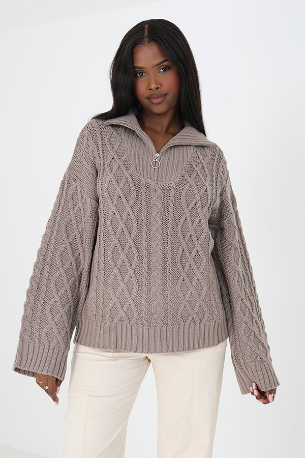 Brave Soul Taupe Cable Knit Jumper With Zip Neck - Taupe Image 3