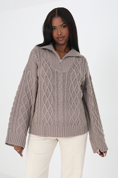 Brave Soul Taupe Cable Knit Jumper With Zip Neck - Taupe Image 3