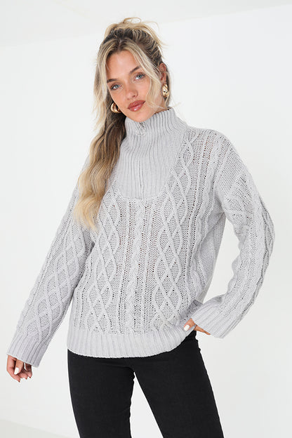 Brave Soul Grey Cable Knit Jumper With Zip Neck - Grey Image 1