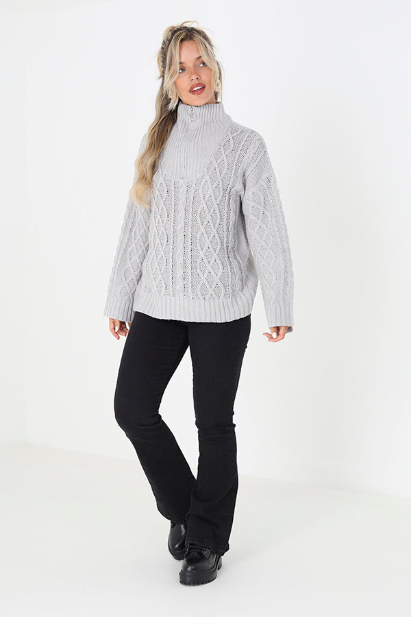 Brave Soul Grey Cable Knit Jumper With Zip Neck - Grey Image 3