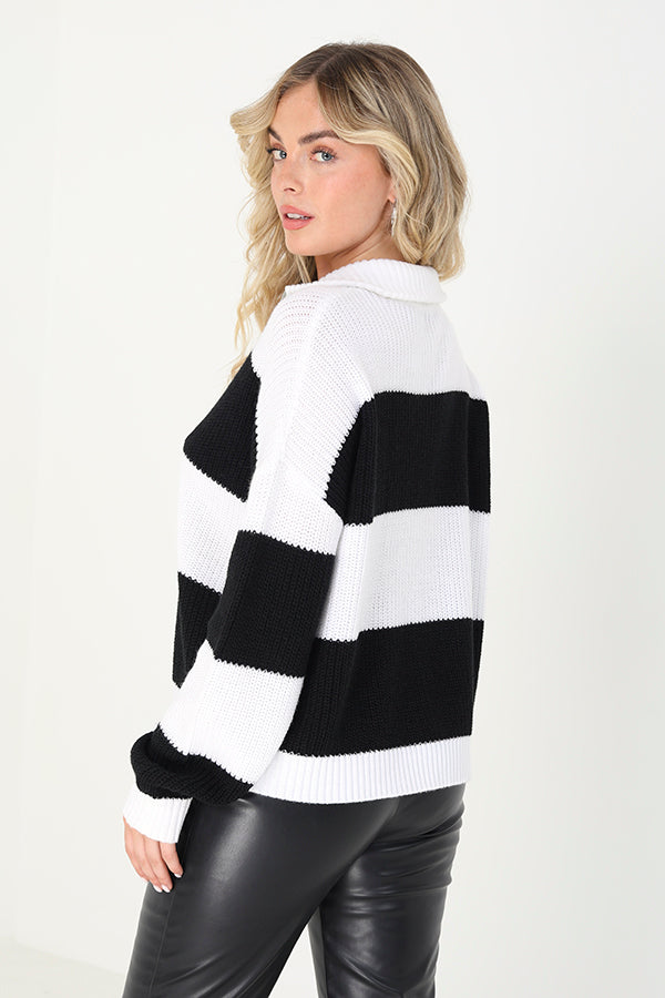 Brave Soul White Striped Knitted Jumper With Zip Neck - White Image 2