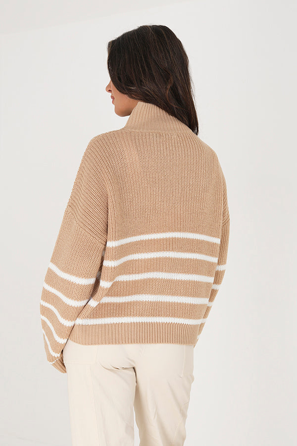 Brave Soul Camel Quarter Zip Striped Jumper - Camel Image 2
