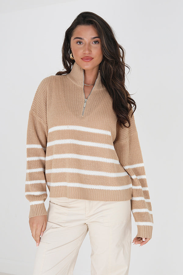 Brave Soul Camel Quarter Zip Striped Jumper - Camel Image 3