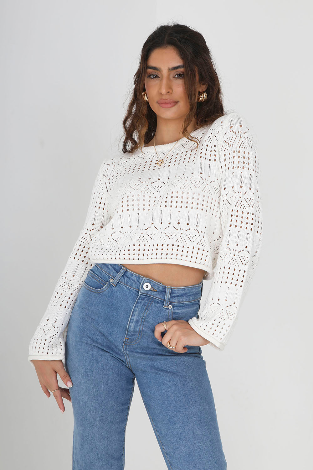 Brave Soul Cream Wide Sleeve Pointelle Knit Jumper - Cream Image 1