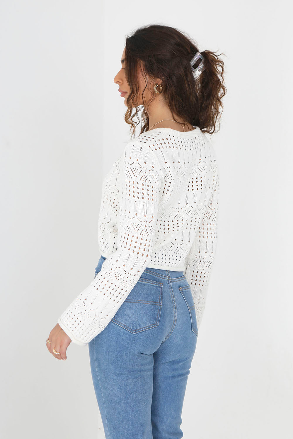 Brave Soul Cream Wide Sleeve Pointelle Knit Jumper - Cream Image 2