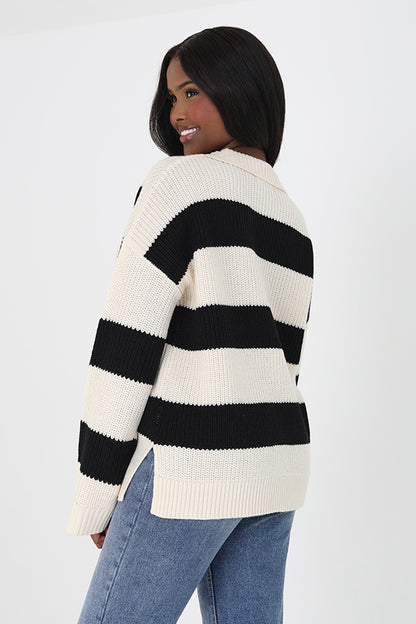 Brave Soul Cream Open Collar Fisherman Knit Jumper - Cream Image 2