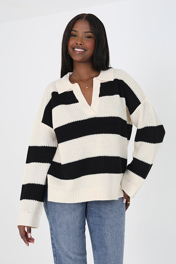 Brave Soul Cream Open Collar Fisherman Knit Jumper - Cream Image 3