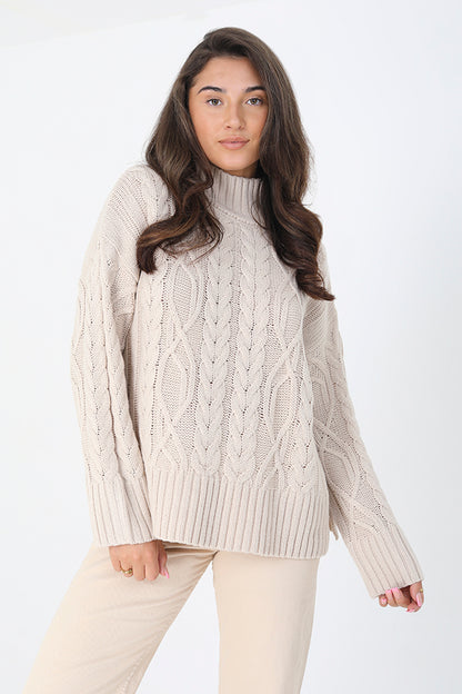 Brave Soul Stone Roll Neck Cable Knit Jumper - Stone Image 1