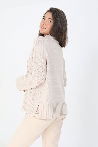 Brave Soul Stone Roll Neck Cable Knit Jumper - Stone Image 2