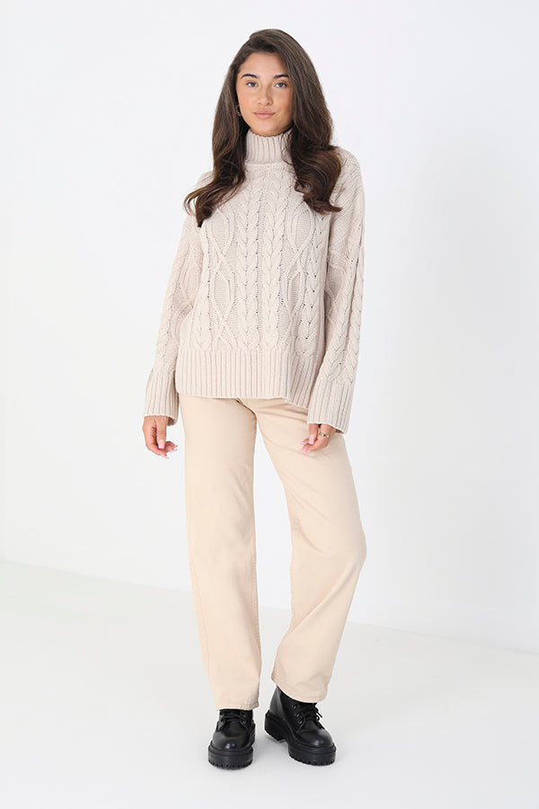 Brave Soul Stone Roll Neck Cable Knit Jumper - Stone Image 3