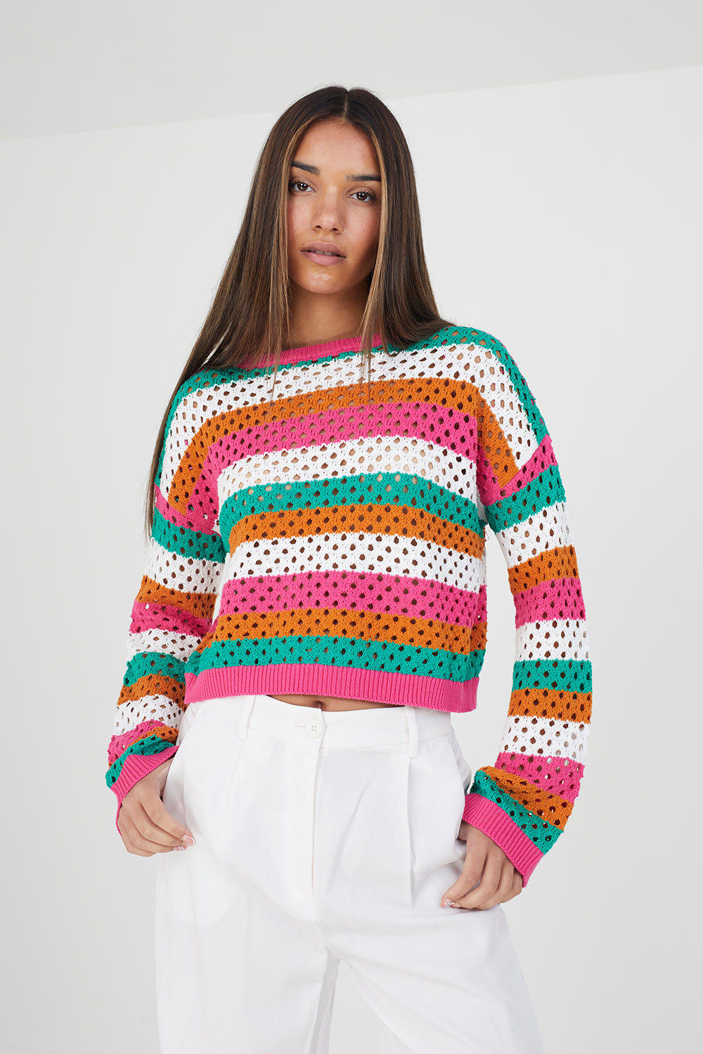 Brave Soul Multi Cotton Mesh Stripe Jumper - Multi Image 1