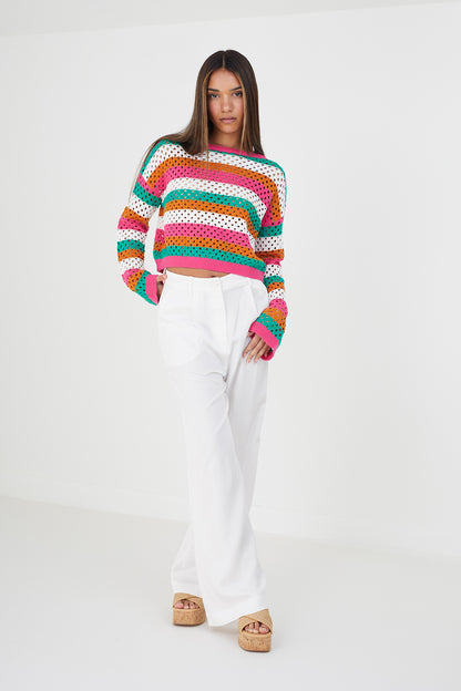 Brave Soul Multi Cotton Mesh Stripe Jumper - Multi Image 3