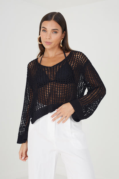 Brave Soul Black Open Knit Mesh Jumper - Black Image 1